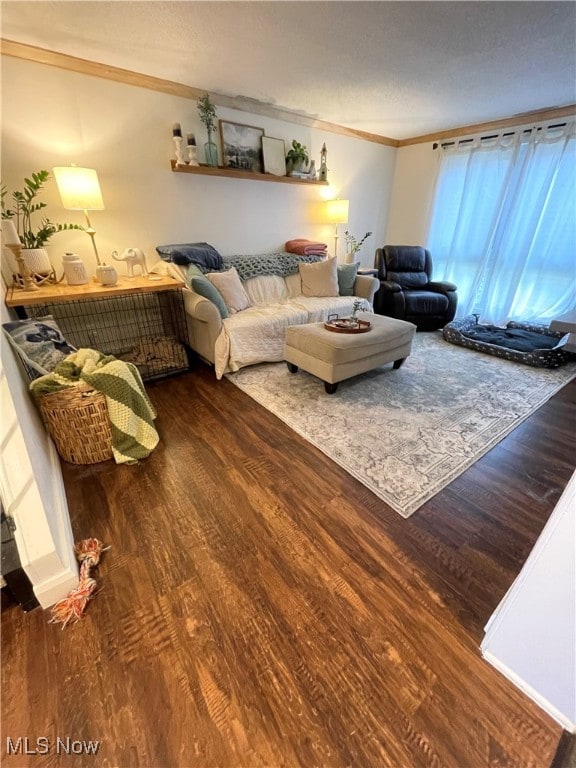 living room featuring wood-type flooring and ornamental molding