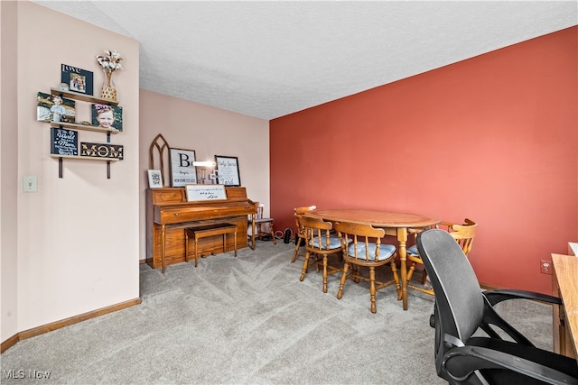 office area featuring light carpet and a textured ceiling