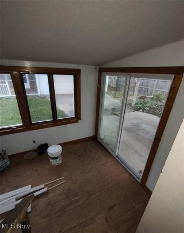 interior space featuring hardwood / wood-style flooring, a healthy amount of sunlight, and vaulted ceiling