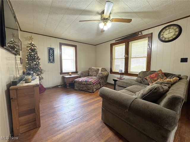 living room with ceiling fan and dark hardwood / wood-style flooring