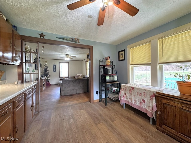 bedroom featuring hardwood / wood-style flooring, ceiling fan, and a textured ceiling