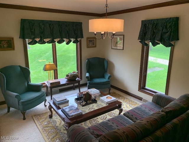 carpeted living room with crown molding