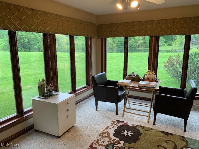 sunroom / solarium featuring ceiling fan