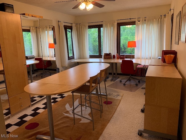 dining space featuring ceiling fan and light colored carpet