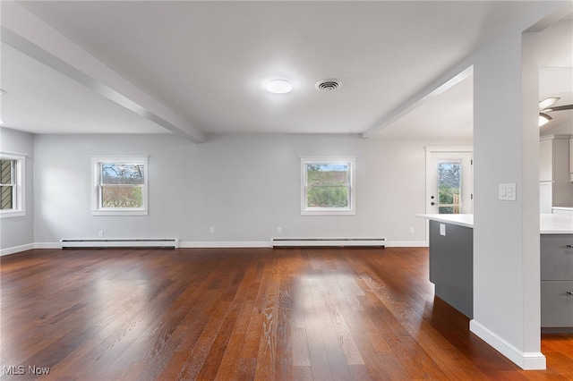 spare room featuring plenty of natural light, dark hardwood / wood-style flooring, and baseboard heating