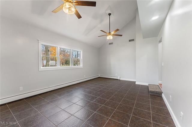 empty room featuring dark tile patterned flooring, ceiling fan, high vaulted ceiling, and a baseboard heating unit