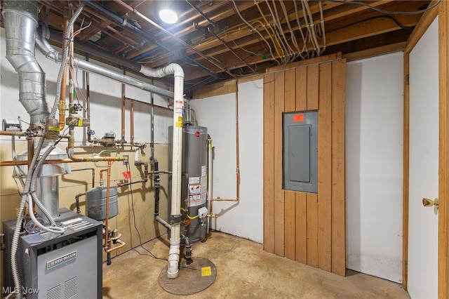 utility room with gas water heater and electric panel