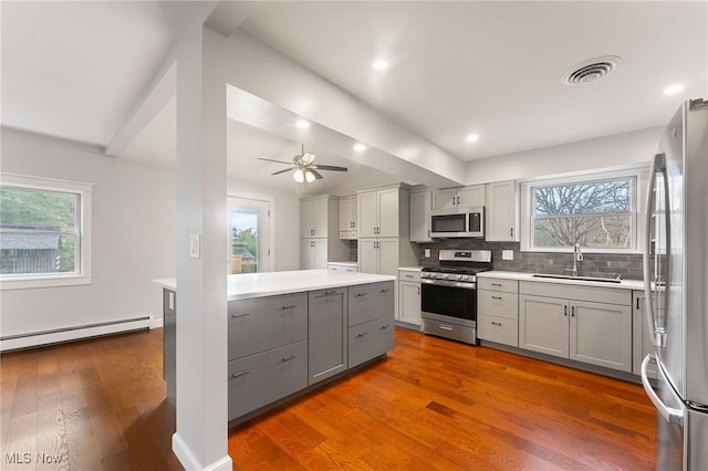 kitchen featuring stainless steel appliances, baseboard heating, sink, wood-type flooring, and gray cabinets