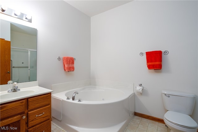 full bathroom with shower with separate bathtub, vanity, toilet, and tile patterned floors