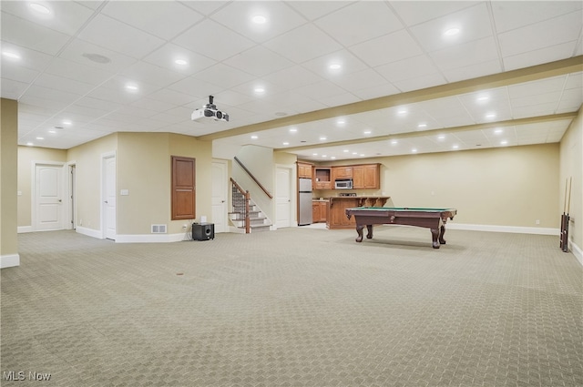 playroom with billiards and light colored carpet