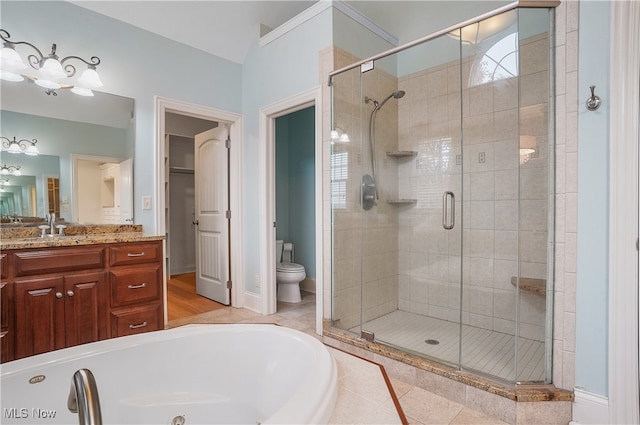 full bathroom featuring vanity, separate shower and tub, and toilet