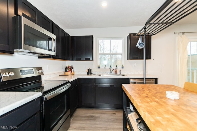 kitchen with appliances with stainless steel finishes, light hardwood / wood-style flooring, plenty of natural light, and sink