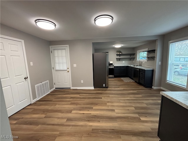 kitchen with hardwood / wood-style floors, stainless steel appliances, and sink