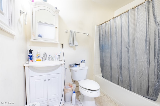 full bathroom with tile patterned flooring, vanity, toilet, and shower / tub combo with curtain