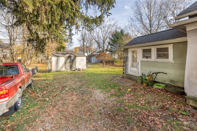 view of yard with a storage shed