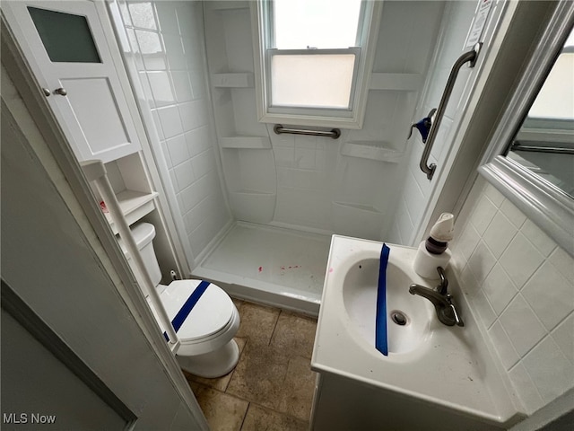 bathroom with a shower, vanity, and toilet