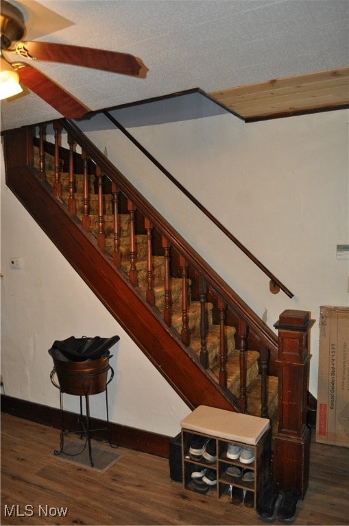 stairway featuring ceiling fan and wood-type flooring