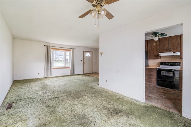 unfurnished living room with light carpet and ceiling fan