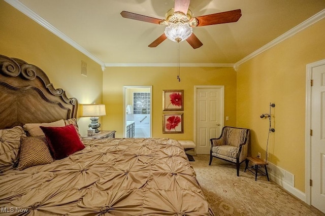 bedroom with ceiling fan, ornamental molding, carpet flooring, and ensuite bath