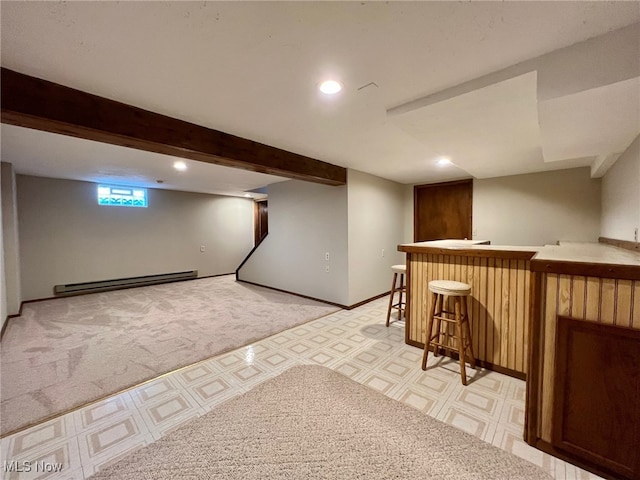 bar with light carpet and a baseboard heating unit