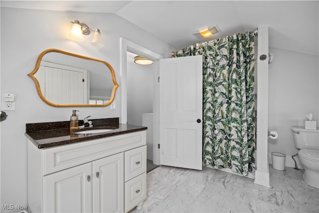 bathroom with vanity, lofted ceiling, and toilet