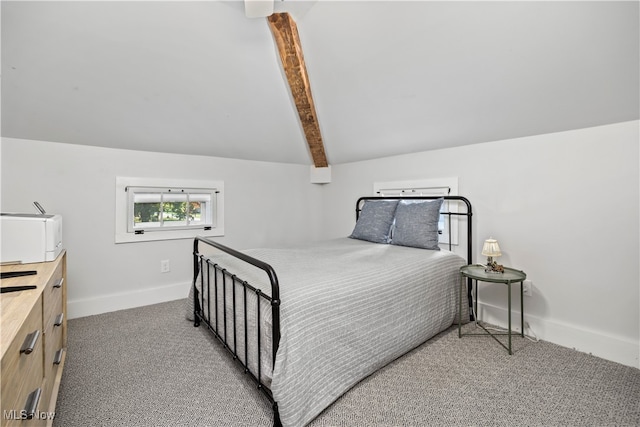 bedroom with carpet floors and lofted ceiling with beams