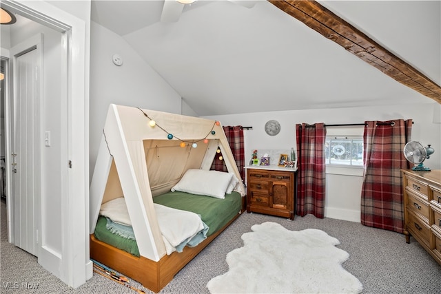 bedroom with light colored carpet, ceiling fan, and vaulted ceiling