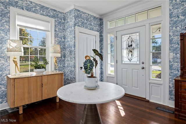 foyer entrance featuring a healthy amount of sunlight, ornamental molding, and dark hardwood / wood-style floors