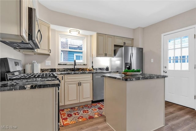 3781 Washington Blvd, University Heights, OH 44118 - kitchen featuring stainless steel appliances, cream cabinetry, a sink, and light wood-style floors