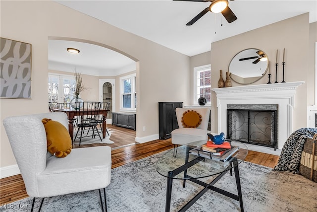 living room featuring hardwood / wood-style flooring, plenty of natural light, and ceiling fan