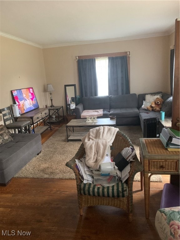 living room featuring dark hardwood / wood-style floors and ornamental molding