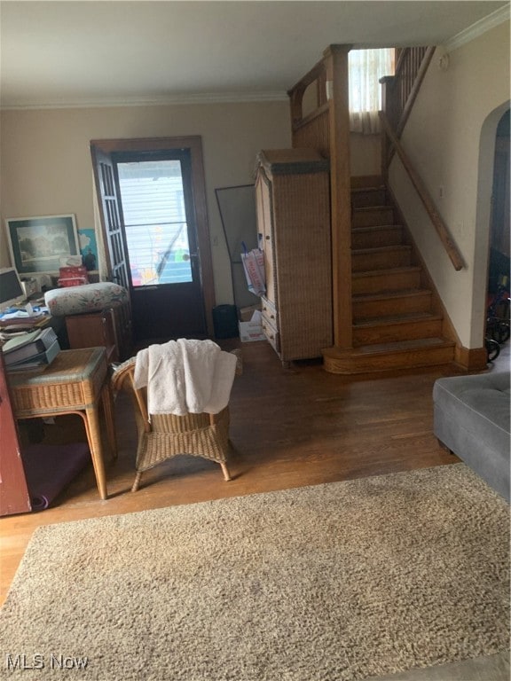 living room with wood-type flooring and ornamental molding