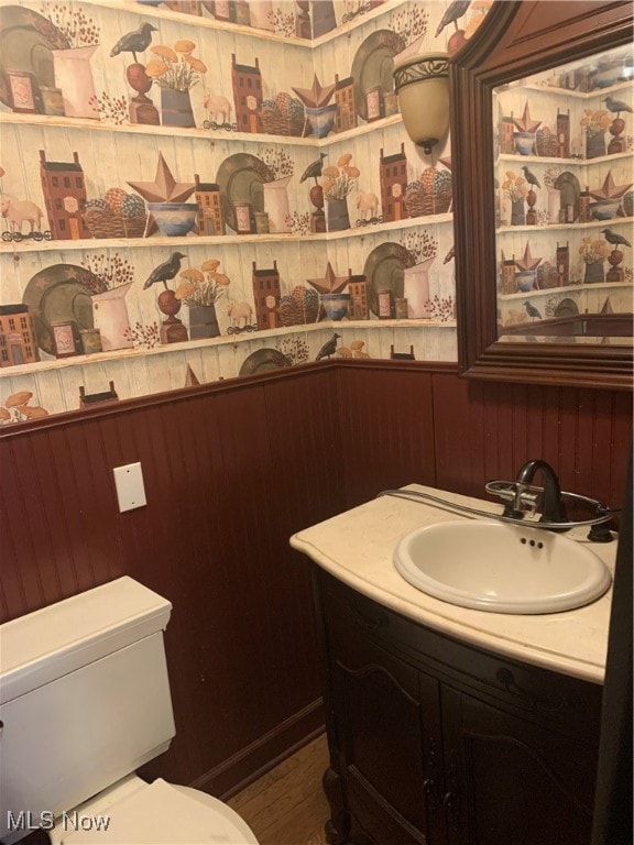 bathroom with wood-type flooring, vanity, and toilet