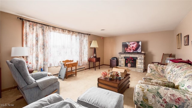 living room with light colored carpet and a fireplace