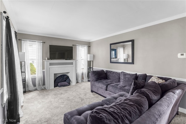 living room featuring carpet, a brick fireplace, and ornamental molding