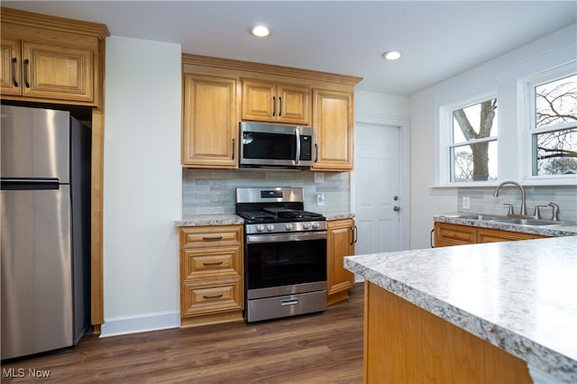 kitchen with appliances with stainless steel finishes, backsplash, dark wood-type flooring, and sink