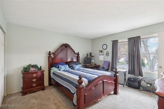 bedroom with light carpet