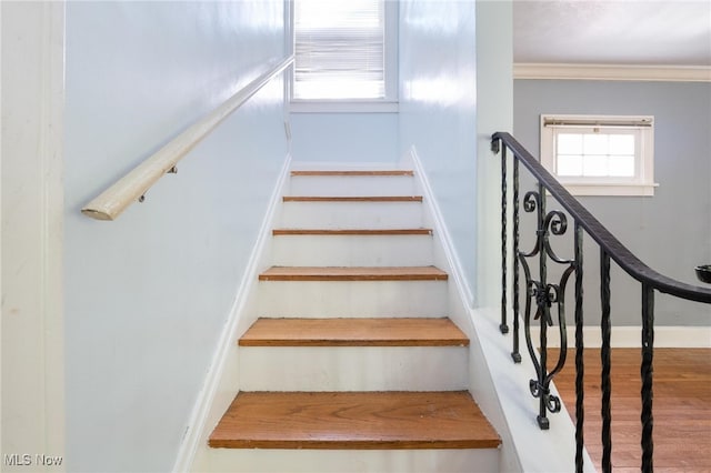 stairway featuring hardwood / wood-style floors and ornamental molding