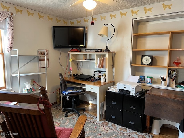 office featuring ceiling fan, light hardwood / wood-style floors, plenty of natural light, and a textured ceiling