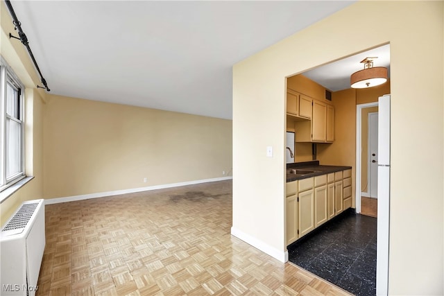 kitchen featuring light brown cabinets, light parquet flooring, radiator, and sink