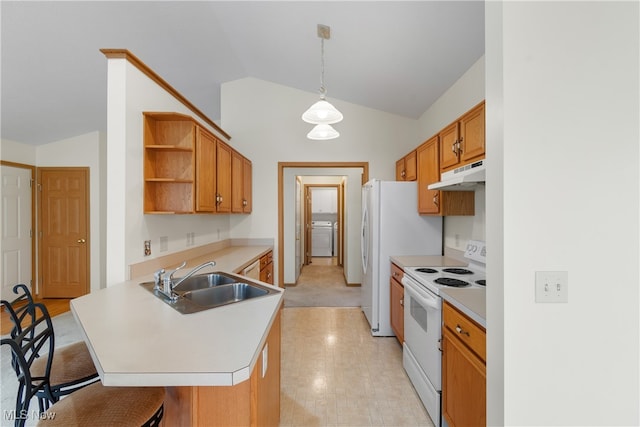 kitchen with pendant lighting, a breakfast bar, white electric range, sink, and vaulted ceiling