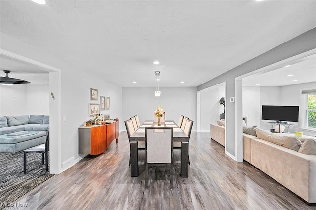 dining room featuring ceiling fan and dark wood-type flooring