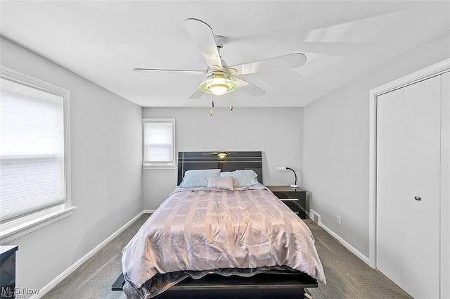 bedroom featuring carpet flooring, a closet, and ceiling fan