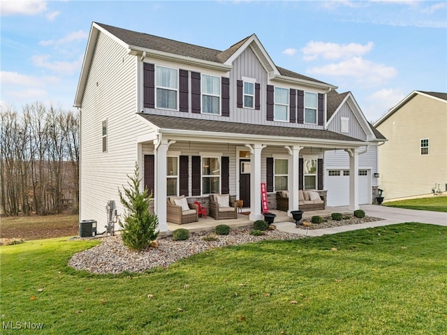 view of front facade featuring an outdoor living space, a front lawn, covered porch, central AC unit, and a garage