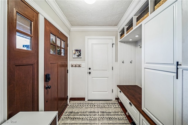 mudroom with ornamental molding and a textured ceiling