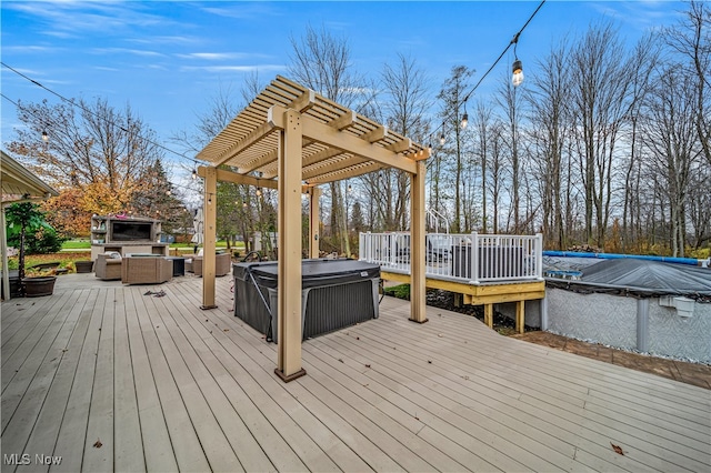 deck with a pergola, outdoor lounge area, and a swimming pool with hot tub