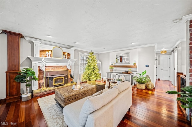 living room featuring a textured ceiling, dark hardwood / wood-style flooring, and crown molding