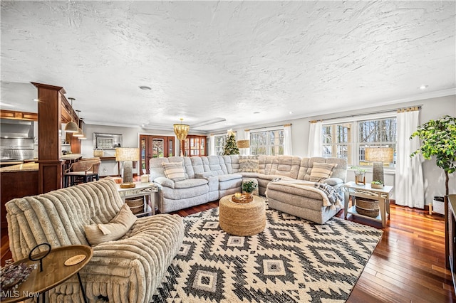 living room featuring a textured ceiling, dark hardwood / wood-style floors, and ornamental molding