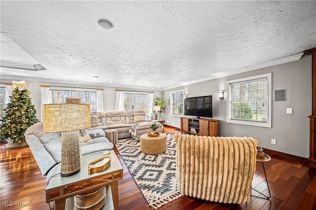 living room with a textured ceiling, crown molding, plenty of natural light, and dark wood-type flooring