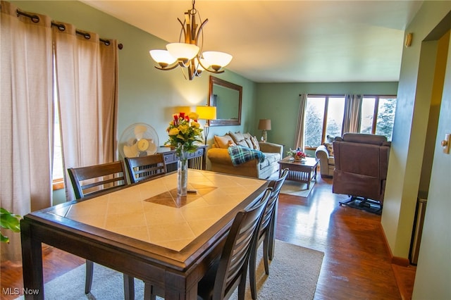 dining room featuring dark wood-type flooring and a notable chandelier